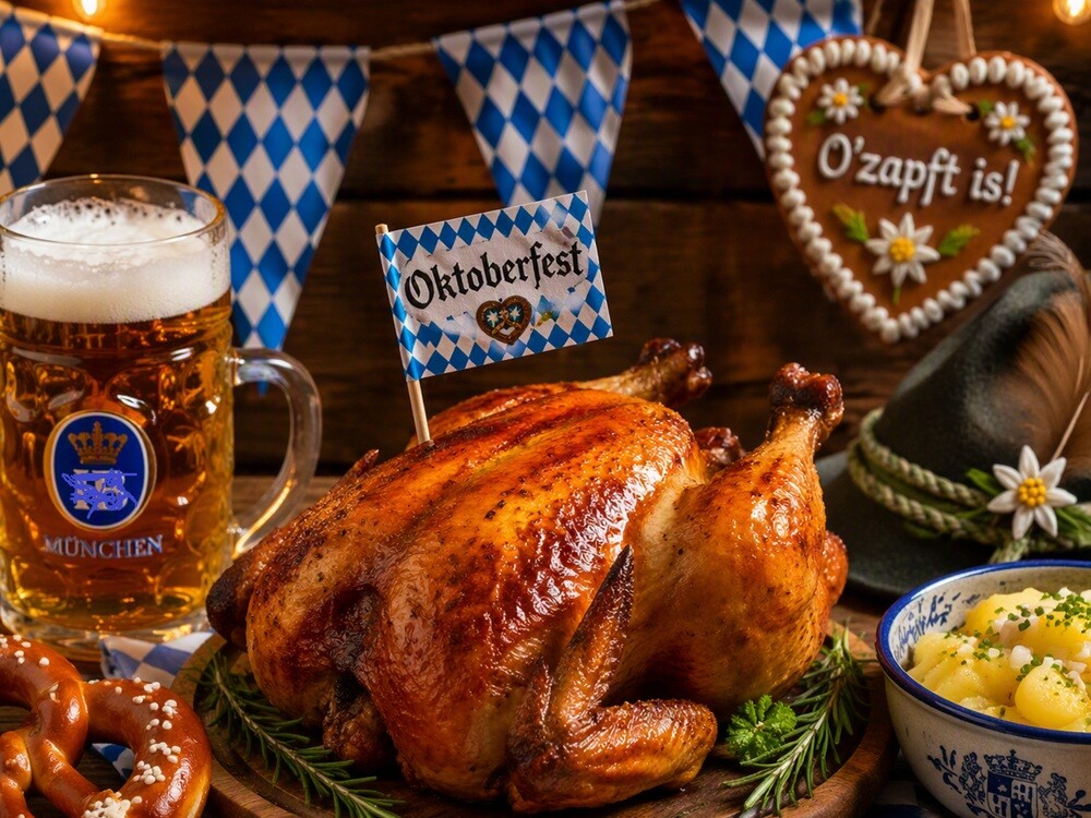 Ein Hähnchen auf einem Tisch mit Essen und Bier.